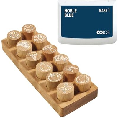 COLOP Woodies Wooden Stamp Set Mix with 12 Designs, Recognition and Motivation Stamp Made of Beechwood, Print Size: Diameter 29 mm, Includes 1 Stamp Pad, Black Blue, 50 x 90 mm COLOP Woodies Wooden Stamp Set Mix with 12 Designs, Recognition and Motivation Stamp Made of Beechwood, Print Size: Diameter 29 mm, Includes 1 Stamp Pad, Black Blue, 50 x 90 mm