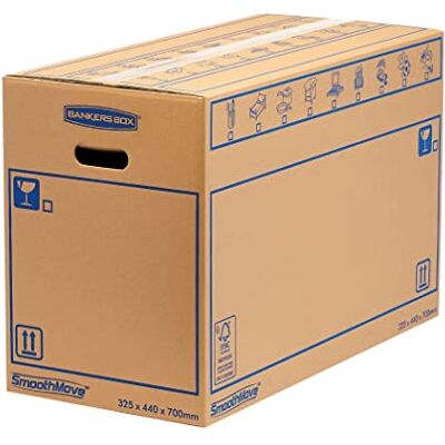 Bankers Box 8 EXTRA LARGE Strong Moving Boxes, 100L SmoothMove Cardboard Packing Storage Boxes, Heavy Duty Double Wall Boxes for Moving House with Handles, 70cm x 44cm x 33cm (Pack of 8), Brown Bankers Box 8 EXTRA LARGE Strong Moving Boxes, 100L SmoothMove Cardboard Packing Storage Boxes, Heavy Duty Double Wall Boxes for Moving House with Handles, 70cm x 44cm x 33cm (Pack of 8), Brown