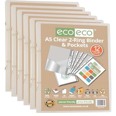eco-eco A5 65% Recycled Clear Presentation Ring Binder with 12 Multi Punched Pockets, Pack of 6, eco173x6 eco-eco A5 65% Recycled Clear Presentation Ring Binder with 12 Multi Punched Pockets, Pack of 6, eco173x6