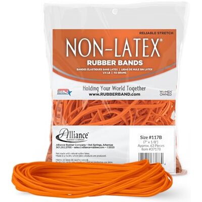 Alliance Rubber 37178#117B Non-Latex Rubber Bands, 1/4 lb Poly Bag Contains Approx. 63 Bands (7" x 1/8", Orange) Alliance Rubber 37178#117B Non-Latex Rubber Bands, 1/4 lb Poly Bag Contains Approx. 63 Bands (7" x 1/8", Orange)