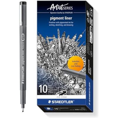 STAEDTLER Pigment Liner 308 Fineliner – Black, set of 10, 0.3–2.0 mm Permanent, waterproof, long metal tip – various widths – Item No. 308 C2-9 STAEDTLER Pigment Liner 308 Fineliner – Black, set of 10, 0.3–2.0 mm Permanent, waterproof, long metal tip – various widths – Item No. 308 C2-9