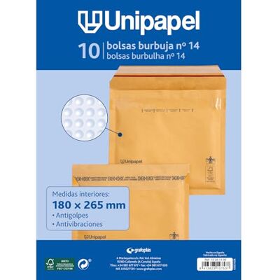 Unipapel Kraft Padded Envelopes with Bubble Paper Inside No. 14 Measures 180x265 mm Self Adhesive Closure Pack 10 Units Perfect for Safe and Secure Shipping FSC Certified Unipapel Kraft Padded Envelopes with Bubble Paper Inside No. 14 Measures 180x265 mm Self Adhesive Closure Pack 10 Units Perfect for Safe and Secure Shipping FSC Certified