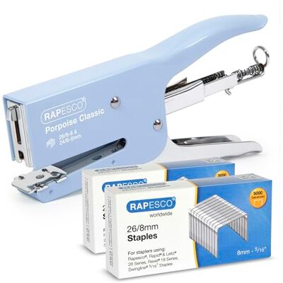 Rapesco 1355A Porpoise Classic Stapling Plier with 10,000 Staples 45 Sheet Capacity, Includes 10,000 Type 26/8mm Staples, Powder Blue Plier Rapesco 1355A Porpoise Classic Stapling Plier with 10,000 Staples 45 Sheet Capacity, Includes 10,000 Type 26/8mm Staples, Powder Blue Plier