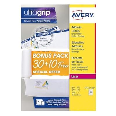 Avery Bonus Pack of Labels, Laser Printer, White Blank A4 Labels, 30 Sheets Plus 10 Extra, 38.1 x 21.2mm, UltraGrip, L7651-30BP Avery Bonus Pack of Labels, Laser Printer, White Blank A4 Labels, 30 Sheets Plus 10 Extra, 38.1 x 21.2mm, UltraGrip, L7651-30BP