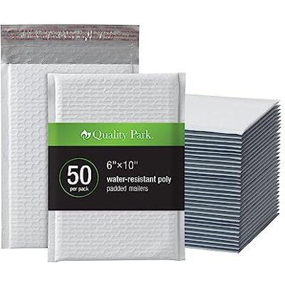 Quality Park Bubble Mailers, 6 x 9 Inch, White Poly Mailers, Padded Envelopes, Shipping Envelopes, Water Resistant, Self Seal, 50 Per Box (QUA85856), Plastic Quality Park Bubble Mailers, 6 x 9 Inch, White Poly Mailers, Padded Envelopes, Shipping Envelopes, Water Resistant, Self Seal, 50 Per Box (QUA85856), Plastic