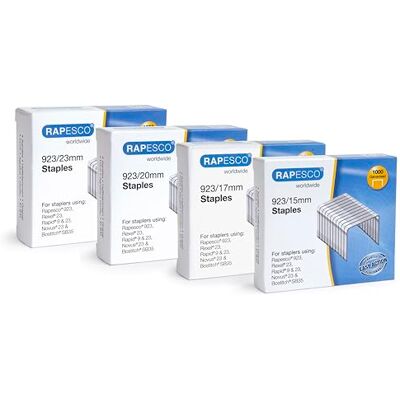 Rapesco 1318 Assorted Galvanised Heavy Duty Type 923 Staples, Pack of 4000 4000 Staples Type 923 (1000 x 15 mm, 1000 x 17 mm, 1000 x 20 mm and 1000 x 23 mm) Rapesco 1318 Assorted Galvanised Heavy Duty Type 923 Staples, Pack of 4000 4000 Staples Type 923 (1000 x 15 mm, 1000 x 17 mm, 1000 x 20 mm and 1000 x 23 mm)