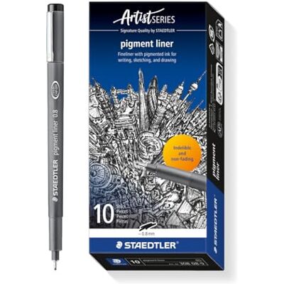 STAEDTLER Pigment Liner 308 Fineliner – Black, 10-piece set, 0.8 mm Permanent, waterproof, lightfast – long metal tip – Item No. 308 08-9 STAEDTLER Pigment Liner 308 Fineliner – Black, 10-piece set, 0.8 mm Permanent, waterproof, lightfast – long metal tip – Item No. 308 08-9