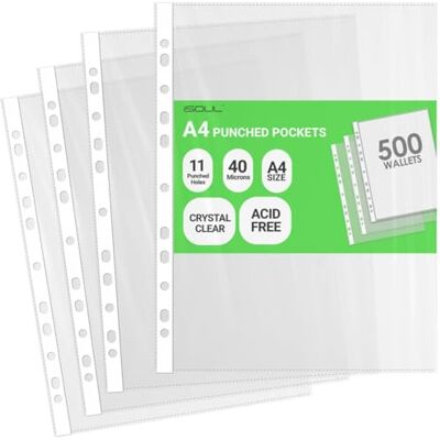 iSOUL A4 Plastic Value Punched Punch Pockets, 11 Hole Heavy Duty File Binder Pockets, 40 Micron Punched Pockets for Documents Folders Filling Plastic Wallets 500 Sleeves iSOUL A4 Plastic Value Punched Punch Pockets, 11 Hole Heavy Duty File Binder Pockets, 40 Micron Punched Pockets for Documents Folders Filling Plastic Wallets 500 Sleeves