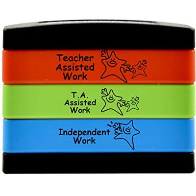SuperStickers Multi Message 3-in-1 Stamp Stack for Teachers: Teacher Assisted Work/TA Assisted Work/Independent Work in Green, red and Blue Ink. SuperStickers Multi Message 3-in-1 Stamp Stack for Teachers: Teacher Assisted Work/TA Assisted Work/Independent Work in Green, red and Blue Ink.