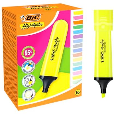 BIC Marking Flat Highlighter Pastel and Neon Pens with Chiselled Nib Assorted Colours, Box of 16 BIC Marking Flat Highlighter Pastel and Neon Pens with Chiselled Nib Assorted Colours, Box of 16
