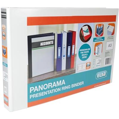 Elba A3 4 D-Ring Binder, 30mm capacity, 35mm spine, Presentation Folder with Customisable Cover, Landscape, White (Single) Elba A3 4 D-Ring Binder, 30mm capacity, 35mm spine, Presentation Folder with Customisable Cover, Landscape, White (Single)
