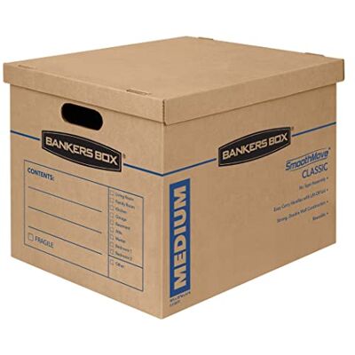 BANKERS BOX 10 Strong Moving Boxes, SmoothMove Classic 38 Litre Cardboard Moving Packing Storage Boxes, Tape-Free Assembly, Easy Carry Handles 45cm x 33cm x 26cm (Pack of 10), Brown BANKERS BOX 10 Strong Moving Boxes, SmoothMove Classic 38 Litre Cardboard Moving Packing Storage Boxes, Tape-Free Assembly, Easy Carry Handles 45cm x 33cm x 26cm (Pack of 10), Brown