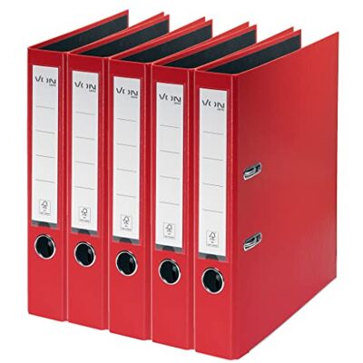 Leitz VON Pack of 5 A4 Folders, Cardboard with Plastic Cover, 50 mm Spine Width, for 350 Sheets, FSC-Certified Cardboard, for School, Study & Home, Red, 10561025 Leitz VON Pack of 5 A4 Folders, Cardboard with Plastic Cover, 50 mm Spine Width, for 350 Sheets, FSC-Certified Cardboard, for School, Study & Home, Red, 10561025