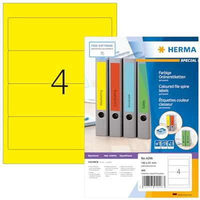 HERMA Self Adhesive Spine Labels, 4 Labels per A4 Sheet, 1400 Sheets, 192 x 61 mm, 5600 Labels, Blank Lever Arch File Folder Labels Stickers, Sticky Labels for Laser & Inkjet Printer, Yellow HERMA Self Adhesive Spine Labels, 4 Labels per A4 Sheet, 1400 Sheets, 192 x 61 mm, 5600 Labels, Blank Lever Arch File Folder Labels Stickers, Sticky Labels for Laser & Inkjet Printer, Yellow