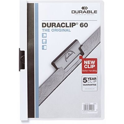 Durable DURACLIP 60 A4 Clip Folder Holds up to 60 Sheets of A4 Paper Robust Metal Sprung Clip Pack of 5 White Folders Durable DURACLIP 60 A4 Clip Folder Holds up to 60 Sheets of A4 Paper Robust Metal Sprung Clip Pack of 5 White Folders