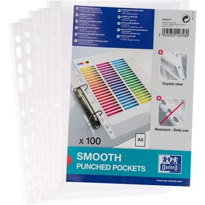Oxford A5 Punched Pockets, 60 Micron, Bag of 100, Glass Clear Plastic Wallets Oxford A5 Punched Pockets, 60 Micron, Bag of 100, Glass Clear Plastic Wallets