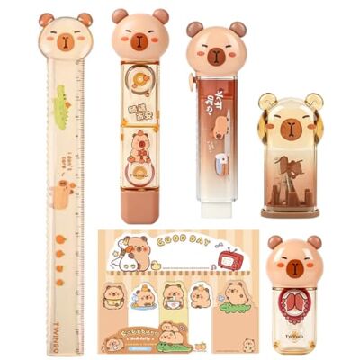 VorPrillynt Capybara Stationery, Capybara Stationery Set, Cute Capyba Set Ruler, Correction Tape, Glue Dots, Eraser, Pencil Sharpener, Sticky Notes (Brown) VorPrillynt Capybara Stationery, Capybara Stationery Set, Cute Capyba Set Ruler, Correction Tape, Glue Dots, Eraser, Pencil Sharpener, Sticky Notes (Brown)