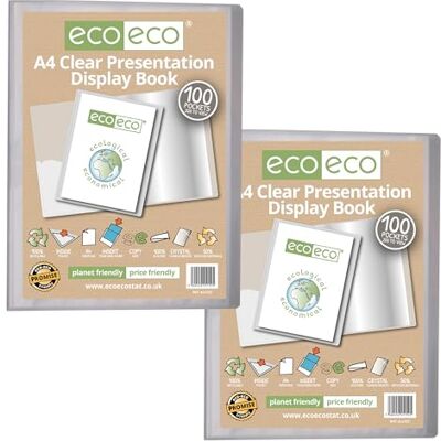 eco-eco A4 Size 50% Recycled 100 Pocket Clear Presentation Display Book, Storage Case Portfolio Art Folder with Plastic Sleeves with Clear Display Box, Pack of 2, eco152x2 eco-eco A4 Size 50% Recycled 100 Pocket Clear Presentation Display Book, Storage Case Portfolio Art Folder with Plastic Sleeves with Clear Display Box, Pack of 2, eco152x2