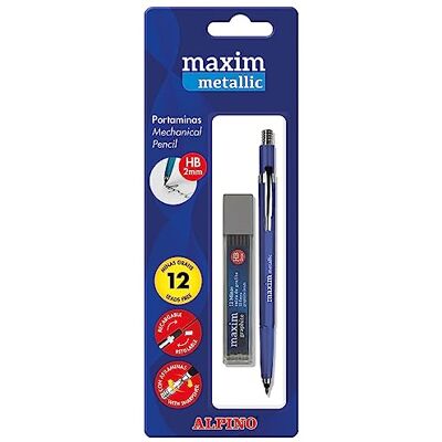 Alpino Maxim Metalix Mechanical Pencil Refillable 2 mm Mechanical Pencil with Metal Body and Acrylamines Blister with 12 Free HB Leads Assorted Metallic Colours Alpino Maxim Metalix Mechanical Pencil Refillable 2 mm Mechanical Pencil with Metal Body and Acrylamines Blister with 12 Free HB Leads Assorted Metallic Colours