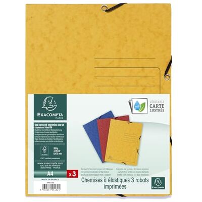 Exacompta Ref 55432E Box of 24 Printed Elastic folders 3 Flap Pockets in Glossy Card 355g/m2 Size 24 x 32 cm for documents in A4 Format 3 Assorted Colours Exacompta Ref 55432E Box of 24 Printed Elastic folders 3 Flap Pockets in Glossy Card 355g/m2 Size 24 x 32 cm for documents in A4 Format 3 Assorted Colours