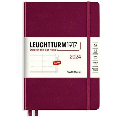LEUCHTTURM1917 367614 Weekly Planner Medium (A5) 2024, 12 Months, Port Red, English LEUCHTTURM1917 367614 Weekly Planner Medium (A5) 2024, 12 Months, Port Red, English
