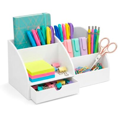 Osco White Plastic Desk Tidy Pen Pot, 7 Section Organiser with Pull-Out Drawer for Stationery, Cosmetics & Home Office Supplies, H12×W25×D13 cm Osco White Plastic Desk Tidy Pen Pot, 7 Section Organiser with Pull-Out Drawer for Stationery, Cosmetics & Home Office Supplies, H12×W25×D13 cm