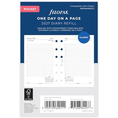 Filofax Pocket Day per page English appointments 2027 diary 27-68241 Filofax Pocket Day per page English appointments 2027 diary 27-68241