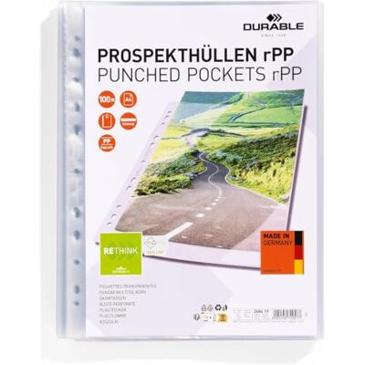 Durable rPP Punched Poly Pockets A4, Pack of 100, Transparent Document Wallets with Universal Punching, Protects Documents, Top Opening for Easy Insertion, Made in Germany Durable rPP Punched Poly Pockets A4, Pack of 100, Transparent Document Wallets with Universal Punching, Protects Documents, Top Opening for Easy Insertion, Made in Germany