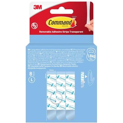 Command Clear Transparent Removable Adhesive Strips for Large Hooks Ideal for Use as a Double-sided Adhesive Strip or Refill for Clear Hooks Damage-Free Hanging, Holds up to 1.8 kg Command Clear Transparent Removable Adhesive Strips for Large Hooks Ideal for Use as a Double-sided Adhesive Strip or Refill for Clear Hooks Damage-Free Hanging, Holds up to 1.8 kg