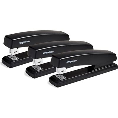 Amazon Basics Staplers with 1000 Staples, Pack of 3, 10 sheet capacity, anti-slip rubber base, Home, Office, Black Amazon Basics Staplers with 1000 Staples, Pack of 3, 10 sheet capacity, anti-slip rubber base, Home, Office, Black