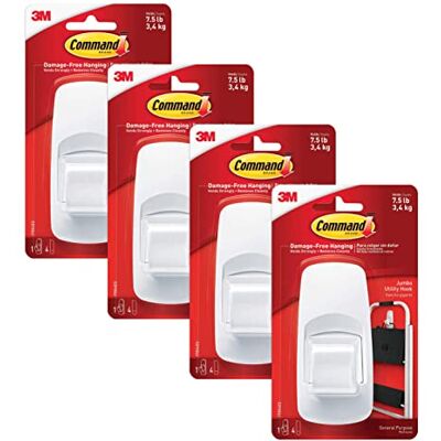 Command 4-Packages of 7.5 lb Capacity Hook, Indoor Use, Jumbo, White (17004ES) Command 4-Packages of 7.5 lb Capacity Hook, Indoor Use, Jumbo, White (17004ES)