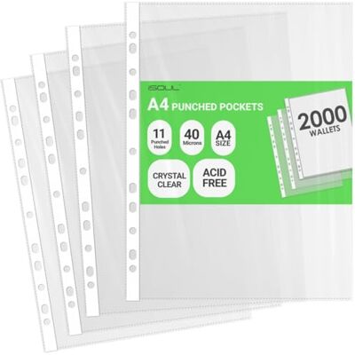 iSOUL A4 Plastic Value Punched Punch Pockets, 11 Hole Heavy Duty File Binder Pockets, 40 Micron Punched Pockets for Documents Folders Filling Plastic Wallets 2000 Sleeves iSOUL A4 Plastic Value Punched Punch Pockets, 11 Hole Heavy Duty File Binder Pockets, 40 Micron Punched Pockets for Documents Folders Filling Plastic Wallets 2000 Sleeves
