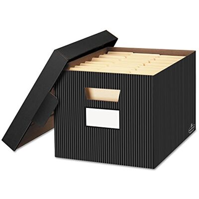 BANKERS BOX 4 Pack STOR/File Decorative Medium-Duty File Storage Boxes, FastFold, Lift-Off Lid, Letter/Legal, Black/Gray Pinstripe BANKERS BOX 4 Pack STOR/File Decorative Medium-Duty File Storage Boxes, FastFold, Lift-Off Lid, Letter/Legal, Black/Gray Pinstripe