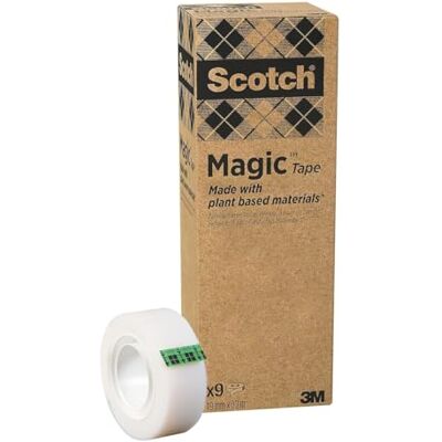Scotch Magic Tape, Plant-Based Adhesive, 9 Rolls, 19 mm x 33 m General Purpose Sticky Tape made with 66% pland based adhesive Matte-Finish, Invisible and Writable on Scotch Magic Tape, Plant-Based Adhesive, 9 Rolls, 19 mm x 33 m General Purpose Sticky Tape made with 66% pland based adhesive Matte-Finish, Invisible and Writable on