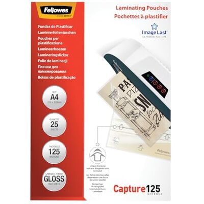Fellowes A4 Laminating Pouches Gloss Finish 25 Sheets, 250 Micron (2x125) Clear & Durable Laminating Pouch with Image Last Directional Mark Ideal for Photos, Notices and Everyday Use Fellowes A4 Laminating Pouches Gloss Finish 25 Sheets, 250 Micron (2x125) Clear & Durable Laminating Pouch with Image Last Directional Mark Ideal for Photos, Notices and Everyday Use