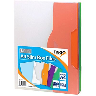 Tiger Pack of 3 A4 10mm Plastic Box Files Office Document Storage Folders + Holder Tiger Pack of 3 A4 10mm Plastic Box Files Office Document Storage Folders + Holder