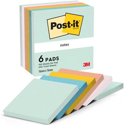 Post-it Notes, 6 Pads (600 Sheets), 76 mm x 76 mm, Assorted Colours Self-Stick Notes for Reminders, Planning and Study, Stick and Remove Cleanly; Great for Marking, Organising, Capturing Ideas Post-it Notes, 6 Pads (600 Sheets), 76 mm x 76 mm, Assorted Colours Self-Stick Notes for Reminders, Planning and Study, Stick and Remove Cleanly; Great for Marking, Organising, Capturing Ideas