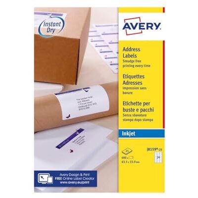 Avery Smudge Free, Printable, Address Labels, Quickdry, 63.5 x 33.9 mm, White, 24 Labels per Sheet, 600 Blank Labels per Pack (J8159-25) Avery Smudge Free, Printable, Address Labels, Quickdry, 63.5 x 33.9 mm, White, 24 Labels per Sheet, 600 Blank Labels per Pack (J8159-25)