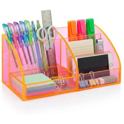 Osco Transparent Acrylic Desk Tidy Pen Pot, 7 Section Organiser with Pull-Out Drawer for Stationery, Cosmetics & Home Office Supplies, H12×W25×D13 cm, Neon Osco Transparent Acrylic Desk Tidy Pen Pot, 7 Section Organiser with Pull-Out Drawer for Stationery, Cosmetics & Home Office Supplies, H12×W25×D13 cm, Neon