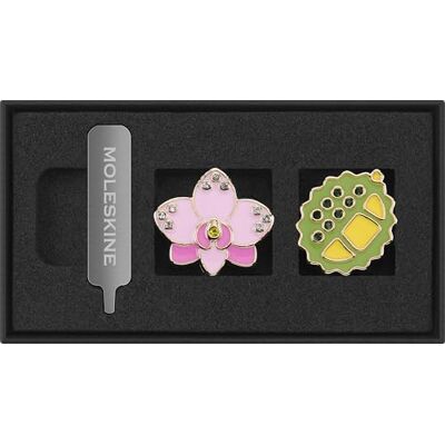 Moleskine Country Themed Pins,Orchid and Durian Fruit Set, Singapore, for Notebooks and Planners, Decorative Accessories and Gift Idea Moleskine Country Themed Pins,Orchid and Durian Fruit Set, Singapore, for Notebooks and Planners, Decorative Accessories and Gift Idea