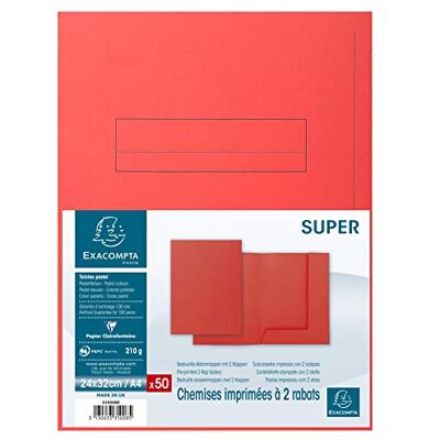 Exacompta Ref 335008E Super 210 Printed 2-Flap Folders 240 x 320mm in Size, Suitable for Holding A4 Documents, 210gsm Card, Pre-Printed Red (Pack of 50) Exacompta Ref 335008E Super 210 Printed 2-Flap Folders 240 x 320mm in Size, Suitable for Holding A4 Documents, 210gsm Card, Pre-Printed Red (Pack of 50)