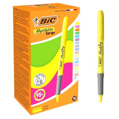 BIC Highlighter Grip Neon and Pastel Pens with Chiselled Nib Assorted Colours, Box of 18 BIC Highlighter Grip Neon and Pastel Pens with Chiselled Nib Assorted Colours, Box of 18