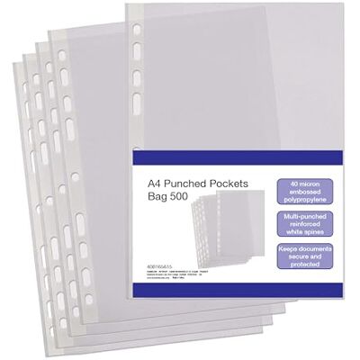 SUMMIT A4 Punched Pockets, 500 Clear Plastic Sleeves, Reinforced Multi-Punched Spine, 40 Microns for Durable Filing SUMMIT A4 Punched Pockets, 500 Clear Plastic Sleeves, Reinforced Multi-Punched Spine, 40 Microns for Durable Filing