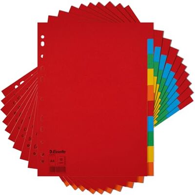 Esselte 10 Packs A4 Card File Dividers, 10 Parts Coloured Folder Dividers for Ring Binders and Lever Arch Files, Made from durable, Eco Friendly Recycled Card Esselte 10 Packs A4 Card File Dividers, 10 Parts Coloured Folder Dividers for Ring Binders and Lever Arch Files, Made from durable, Eco Friendly Recycled Card