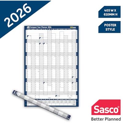 Sasco 2026 Compact Wall Planner – Portrait Year Calendar with Wet Wipe Pen & Stickers, 40.5x61cm, Blue – Calendar 2026 UK & ROI Holidays Marked – Convenient for Home or Study Areas Sasco 2026 Compact Wall Planner – Portrait Year Calendar with Wet Wipe Pen & Stickers, 40.5x61cm, Blue – Calendar 2026 UK & ROI Holidays Marked – Convenient for Home or Study Areas