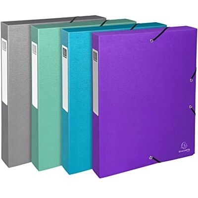 Exacompta Ref. 59640E 4 filing boxes with Teksto rubber bands in tinted, grained card spine 4 cm dimensions 25 x 33 cm for A4 format documents assorted colors delivered assembled Exacompta Ref. 59640E 4 filing boxes with Teksto rubber bands in tinted, grained card spine 4 cm dimensions 25 x 33 cm for A4 format documents assorted colors delivered assembled