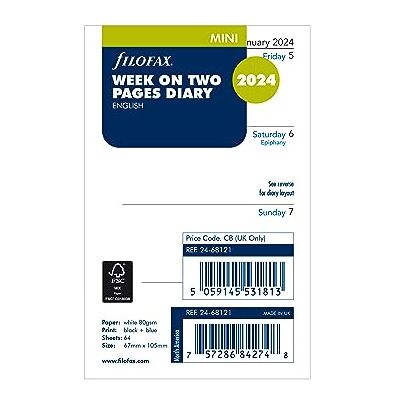 Filofax Calendar Diary Refill, Mini Size, Week-to-View with Notes Section, White Paper, Unruled, English, 2024 (C68121-24) Filofax Calendar Diary Refill, Mini Size, Week-to-View with Notes Section, White Paper, Unruled, English, 2024 (C68121-24)