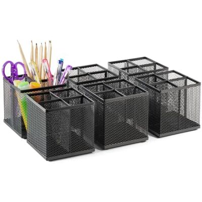 Osco Wiremesh Square Pen Pot, 6 Pack, 4-Section Pencil Holder, Desk Tidy and Office Organiser, Makeup Brush Holder and Cosmetics Display, Metal Mesh Organiser, H10.5 × W10 × D10 cm, Black Osco Wiremesh Square Pen Pot, 6 Pack, 4-Section Pencil Holder, Desk Tidy and Office Organiser, Makeup Brush Holder and Cosmetics Display, Metal Mesh Organiser, H10.5 × W10 × D10 cm, Black