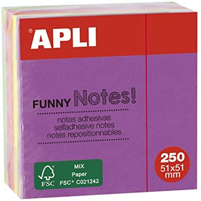 APLI 11596 Funny Sticky Notes 51 x 51 mm Mini Pad of 250 Sheets 5 Assorted Fluorescent Colours APLI 11596 Funny Sticky Notes 51 x 51 mm Mini Pad of 250 Sheets 5 Assorted Fluorescent Colours