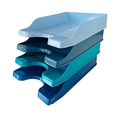 Deflecto Cool Breeze Set of 4 x A4 Contemporary Letter Tray organiser In Deep Blue and Aqua Tones A4 paper organiser CP130YTCB Deflecto Cool Breeze Set of 4 x A4 Contemporary Letter Tray organiser In Deep Blue and Aqua Tones A4 paper organiser CP130YTCB